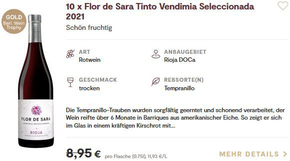 10 Flaschen Flor de Sara Tinto Vendimia Seleccionada 2021 für 46,89€ (statt 90€)