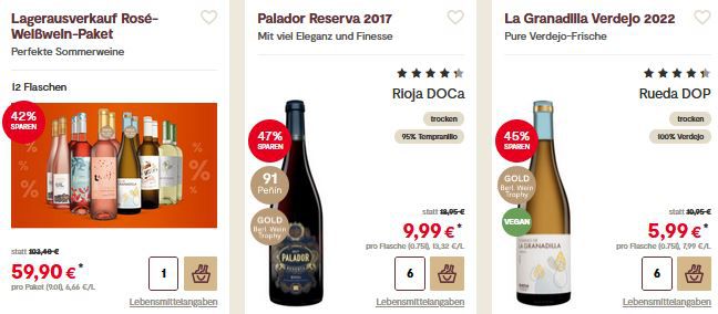 Vinos:  50% Lagerausverkauf   z.B. 12 Flaschen Rosé Weißwein für 53€ (statt 103€)