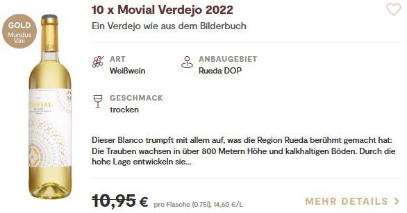 10 Flaschen Movial Verdejo 2022 Weißwein für 52,89€ (statt 110€)