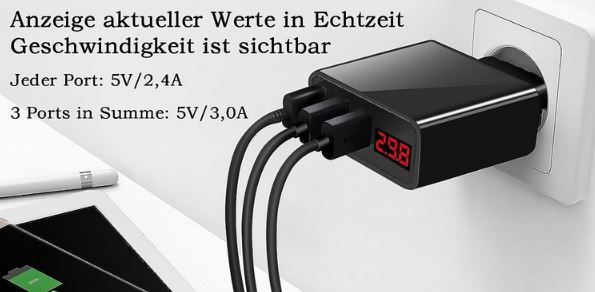 LIFOCI Universal 3 Port USB A Ladegerät mit LED Display für 7,44€ (statt 15€)