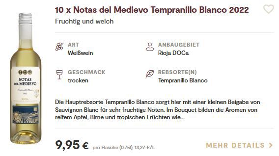 10 Flaschen Notas del Medievo Tempranillo Blanco 2022 für 42,89€ (statt 99€)