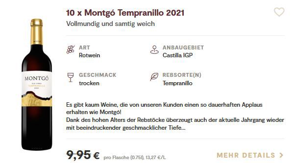 10 Flaschen Montgó Tempranillo 2021 für 47,89€ (statt 99€)