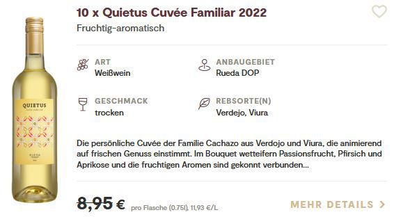 10 Flaschen Quietus Cuvée Familiar 2022 Weißwein für 52,89€ (statt 90€)