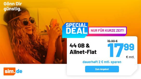 🔥 Sim.de: o2 Allnet Flat mit 24GB LTE für 9,99€ mtl. oder 44GB für 17,99€