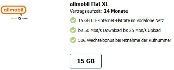 🔥 allmobil Vodafone Flat XL + 15GB LTE für 11,99€ mtl. + 24€ Amazon Gutschein