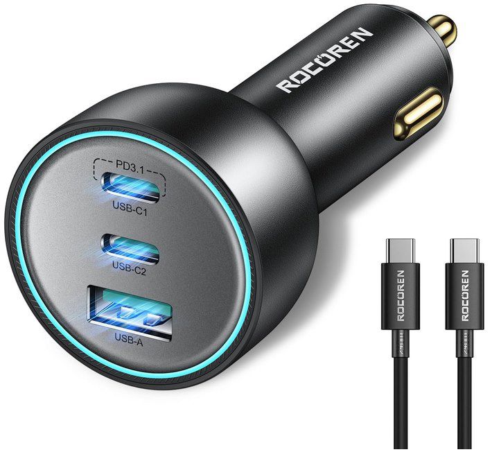 Rocoren 3 Port USB C KFZ Adapter mit 165W + Kabel für 24,94€ (statt 50€)