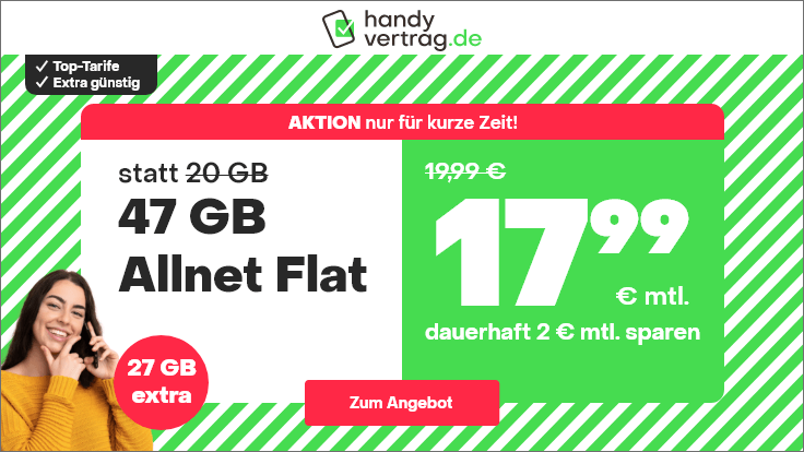 Handyvertrag.de: o2 Allnet Flat mit 47GB LTE für 17,99€ mtl.