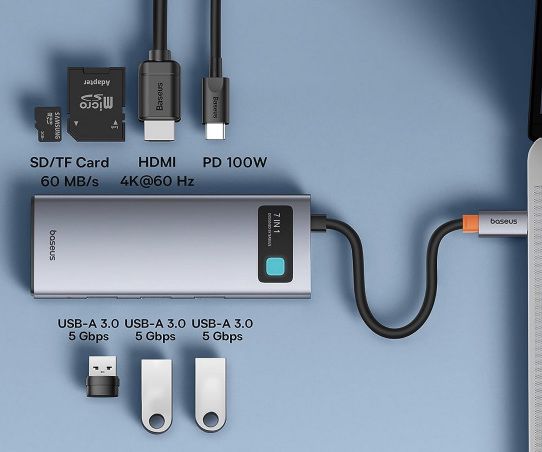 Baseus 7in1 USB C Hub mit 4K@60Hz HDMI & 100W PD für 16,45€ (statt 20€)