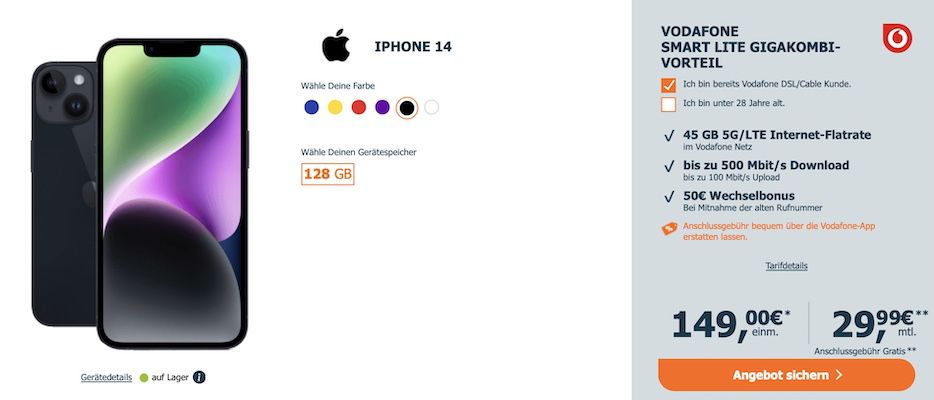 Apple iPhone 14 für 149€ + Vodafone 45GB 5G/LTE für 29,99€ mtl.