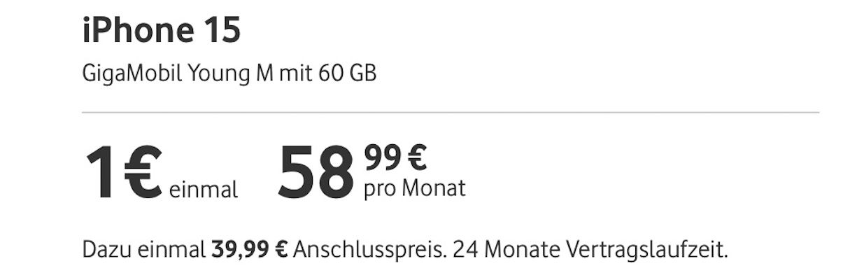Apple iPhone 15 (128GB) für 1€ + 60GB Vodafone Young Flat für 58,99€ mtl