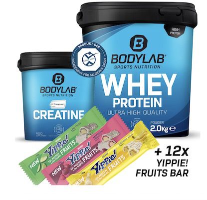 2kg Bodylab Whey Protein + 500g Creatine + 12x Weider Yippie! Fruits für 53€ (statt 95€)