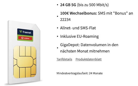 Vodafone Allnet Flat mit 24GB 5G (!) + GigaDepot für 14,99€ mtl. + 100€ Bonus