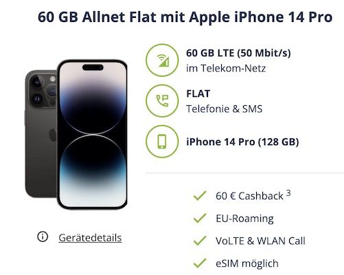 Top! 🍏 Apple iPhone 14 Pro 34,99€ + Telekom 60GB für 49,99€ mtl. + 60€ Cashback