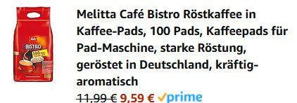 100er Pack Melitta Bistro Crema Kaffeepads ab 9,59€ (statt 13€)