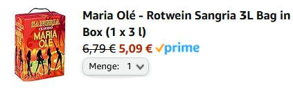 3 Liter Maria Olé   Sangria Rotwein, Bag in Box ab 5,09€ (statt 7€)