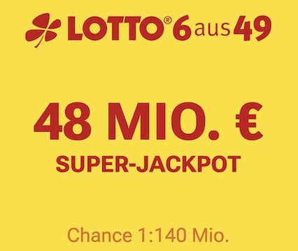 48 Mio. Jackpot: 3 Lotto 6aus49 Felder für 1€ (statt 4,20€)