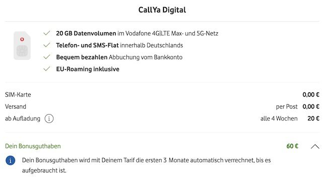 🔥 3 Mon. GRATIS Vodafone CallYa + 20GB 5G pro Monat + 30€ Gutschein