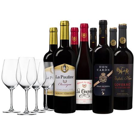 8 Flaschen Rotwein als Luxuriöses Weinpaket + 4 Gläser für 58,94€ (statt 79€)