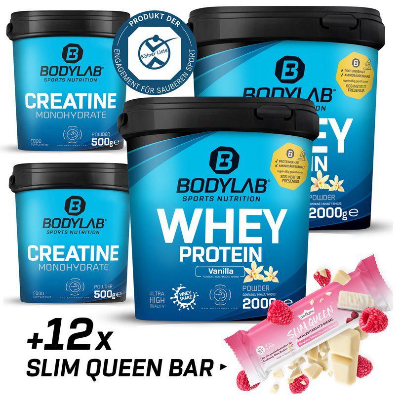 4kg Whey Protein + 1kg Kreatin + 12x60g Slim Bars für 84,98€ (statt 171€)