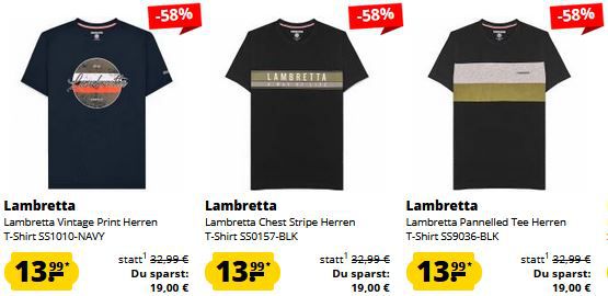 SportSpar: Lambretta 3 für 2 Aktion   z.B. 3 x T Shirt für 31,93€ (statt 51€)