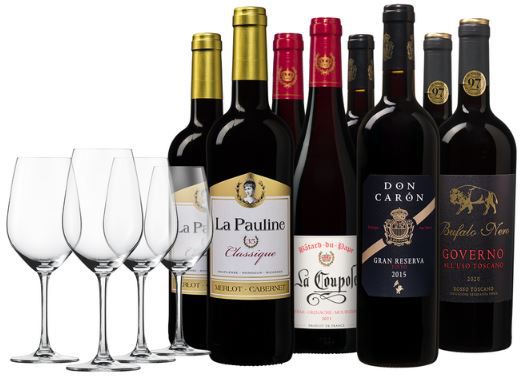 8 Flaschen Rotwein als Luxuriöses Weinpaket + 4 Gläser für 58,94€ (statt 79€)