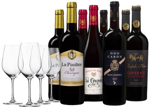 8 Flaschen Rotwein als Luxuriöses Weinpaket + 4 Gläser für 55,99€ (statt 79€)