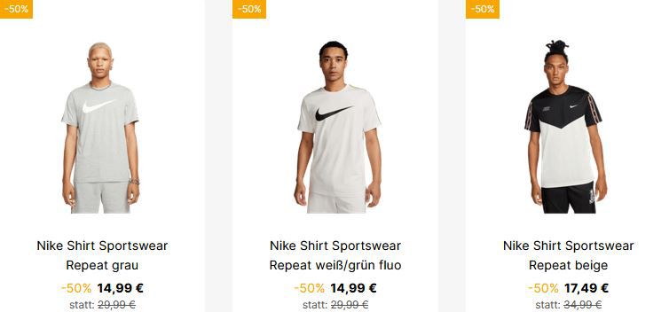 Nike Repeat Sale mit mind. 50% Rabatt + VSK Frei   z.B. T Shirt für 14,99€ (statt 27€)