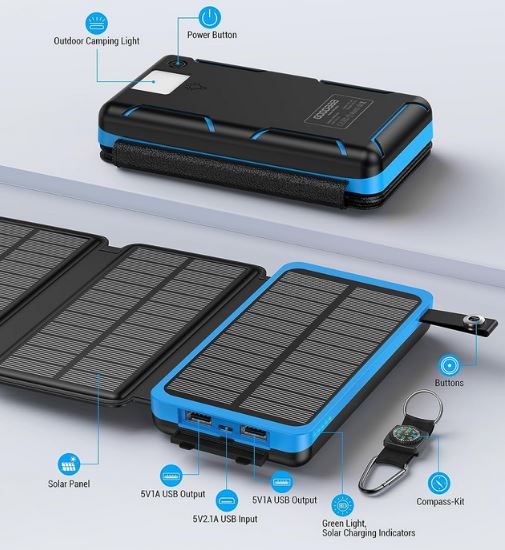 GOODaaa Solar Powerbank mit 4 Panels & 25.000mAh für 18,79€ (statt 34€)