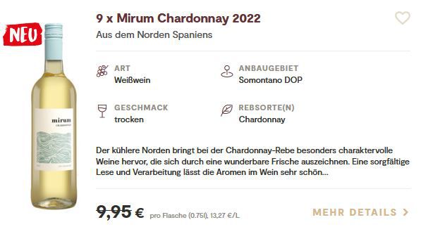 18 Flaschen Mirum Chardonnay 2022 + Gratis Kellnermesser für 84,80€ (statt 180€)