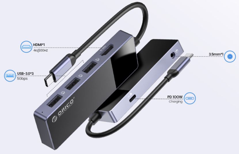 ORICO 6in1 USB C Hub mit 100W PD für 15,99€ (statt 36€)