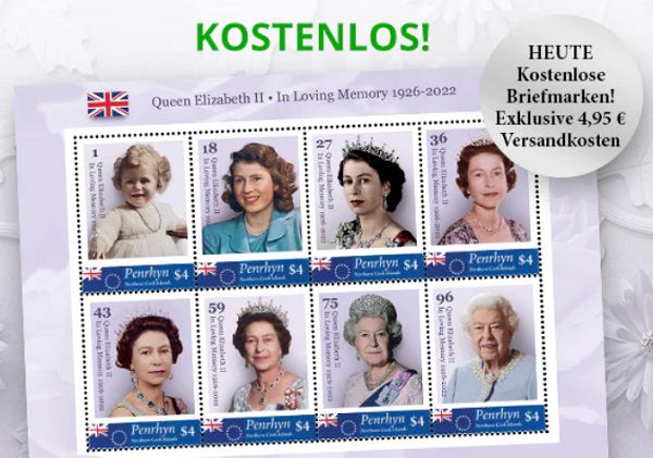 Gratis: Briefmarken Set “Her Majesty Queen Elizabeth II + VSK