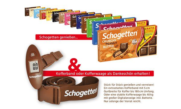 Gratis KOFFERBAND ODER KOFFERWAAGE mit dem Kauf von Schogetten Schokolade
