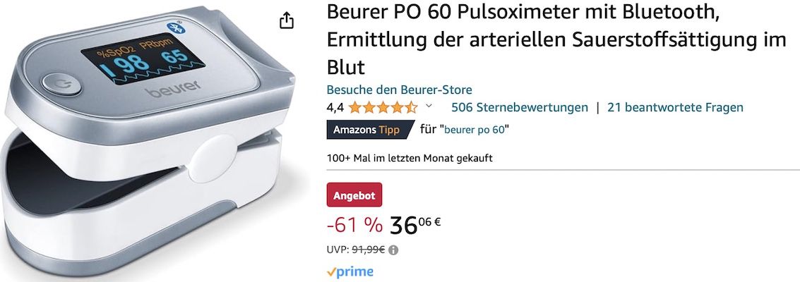 Beurer PO 60 Pulsoximeter mit Bluetooth ab 33,90€ (statt 45€)