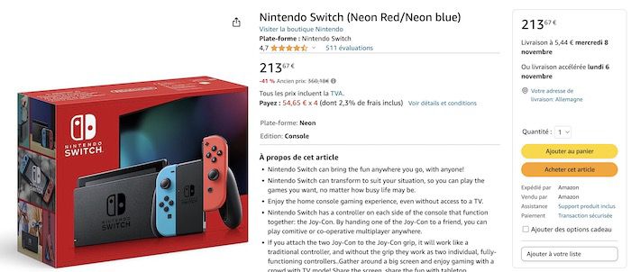 Nintendo Switch Konsole (Modell V2) für 217,33€ (statt 283€)