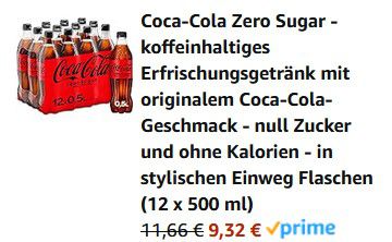 12x 500ml Coca Cola Zero Sugar ab 9,32€ + Pfand (statt 12€)