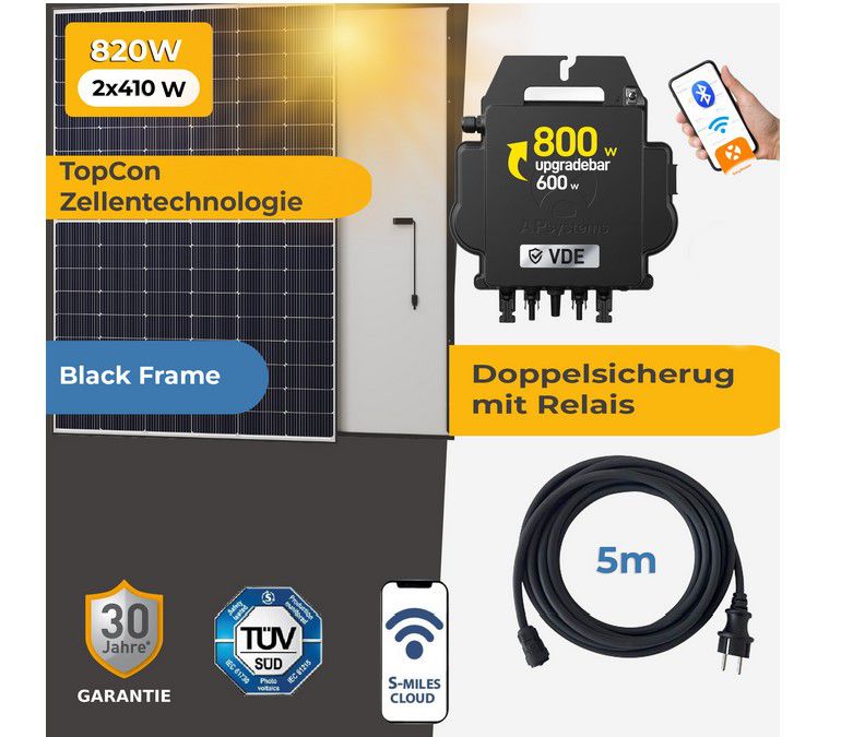 Balkonkraftwerk 2 Solarmodule + APsystems Wechselrichter 820W für 369,90€ (statt 499€)