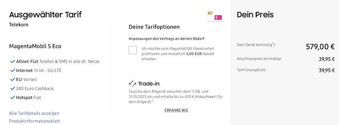 Samsung Galaxy Z Fold5 (1TB) für 579€ + Telekom 10GB für 39,95€ mtl + 240€ Cashback