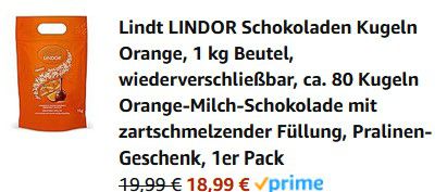 1kg Lindt LINDOR Orange Milch (80 Kugeln) für 18,99€ (statt 34€)