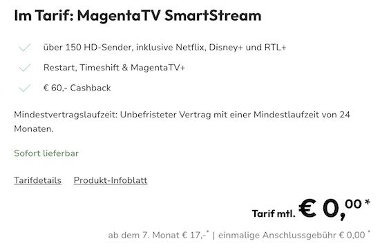 📺 MagentaTV SmartStream mit Netflix, Disney+ und RTL+ für eff. 10,25€ mtl.   6 Monate gratis + 60€ Cashback