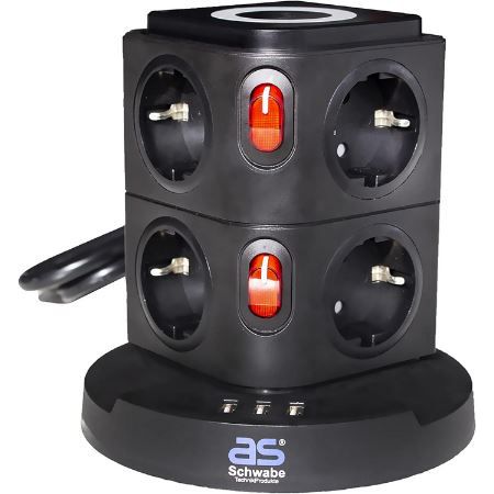 as Schwabe 8 Fach Steckdosentower mit USB + QI Ladefunktion für 36,09€ (statt 45€)