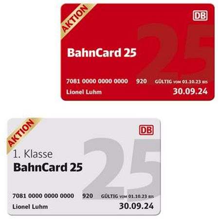 DB BahnCard 25 (2.Kl.) für 33€ (statt 60€) oder BahnCard 25 (1. Kl.) für 66€ (121€)