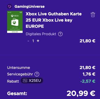 25€ Xbox Live Guthaben für 20,99€