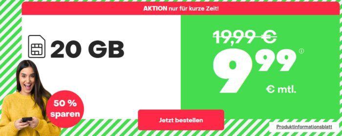 30GB für für o2 9,99€ oder mit Allnet-Flat Handyvertrag.de: 20GB 11,99€