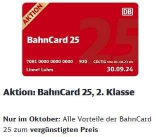 DB BahnCard 25 (2.Kl.) für 33€ (statt 60€) oder BahnCard 25 (1. Kl.) für 66€ (121€)