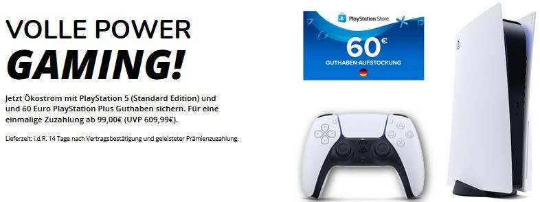 Playstation 5 + 60€ Guthaben für 99€ + E wie Einfach Stromtarif mit Preisgarantie