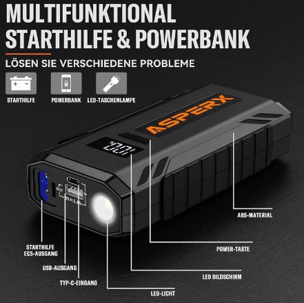 ASPERX Starthilfe Powerbank mit 1.500A 12V für 39,99€ (statt 80€)