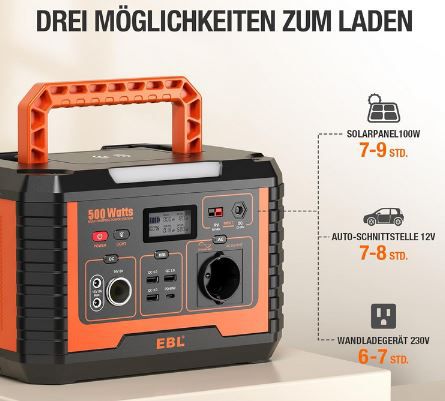 EBL Tragbare Powerstation mit 500W/519.4Wh für 249,50€ (statt 499€)