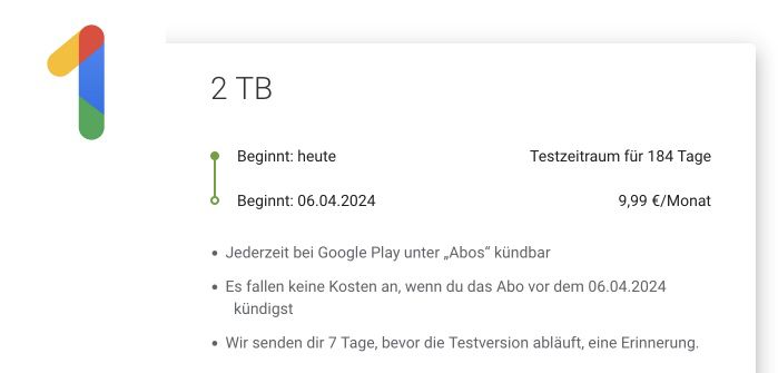 6 Monate Google One 2 TB kostenlos