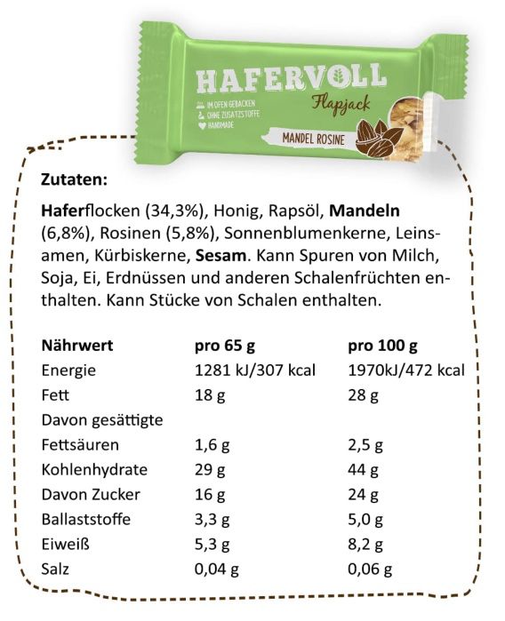 18x HAFERVOLL Flapjack Mandel Rosine Müsliriegel für 18€ (statt 32€)