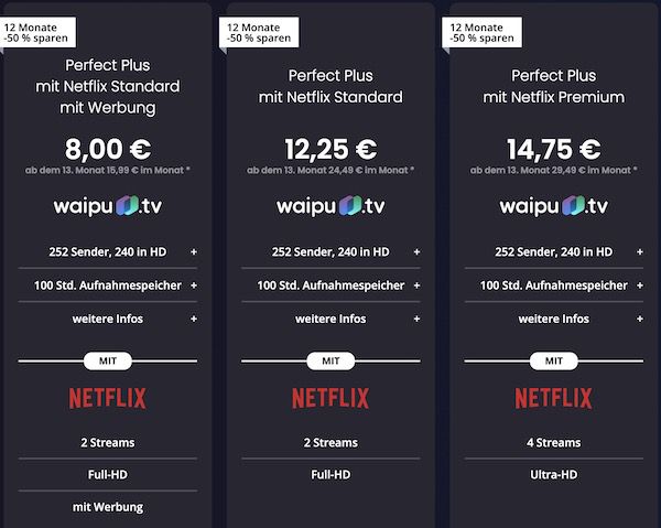 🔥 50% Rabatt auf waipu TV inkl. Netflix   z.B. mit Netflix Premium ab 14,75€ mtl.